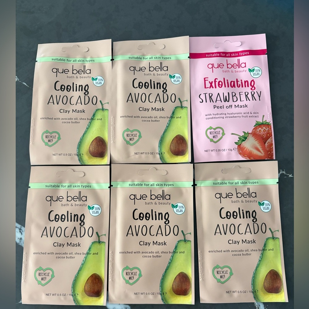 Que Bella Cooling Avocado and Exfoliating Strawberry Clay Masks 6 packs